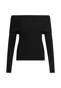 Top nero scollato con maniche lunghe. Realizzato in tessuto a costine, presenta un ampio scollo e un design aderente che valorizza la silhouette.