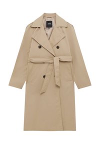 Beżowy płaszcz trench double-breasted z szerokimi klapami, z paskiem, pagonami na ramionach i kieszeniami z przodu, do kolan.