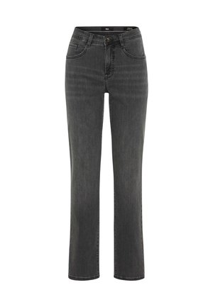 Jean en denim gris avec une taille haute, coupe droite et cinq poches. Fermeture à bouton et détails de couture subtils.
