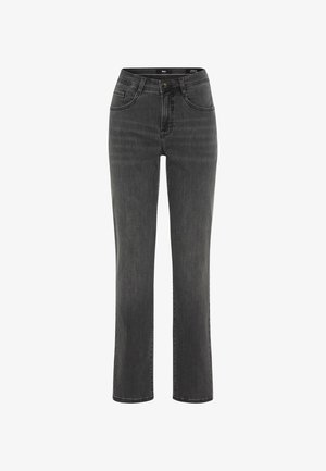Grau denim Jeans mit hoher Taille, geradem Bein und fünf Taschen. Besitzt einen Knopfverschluss und subtile Steppdetails.