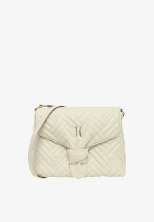 Borsa a tracolla trapuntata color crema con motivo a chevron, dettaglio nodo frontale e sottile tracolla regolabile.