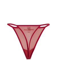 String filet rouge de forme triangulaire, avec des fines bretelles et une doublure portant l'inscription "ALL-YOURS" en couleur contrastante.