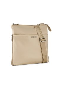 Beige nylon crossbody bag with a zip closure, adjustable strap, and embossed logo. Smooth texture, rectangular shape, minimalist design.