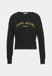 Maglione nero con maniche lunghe, orlo a coste e collo rotondo. Presenta ricami dorati con la scritta "PEPE JEANS LONDON" sul petto.