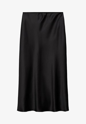Černá saténová sukně s hladkým, lesklým povrchem, s jednoduchým, rovným střihem a elastickým pasem pro bezpečné nošení.