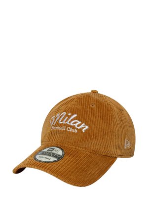 Brown corduroy baseball cap with white embroidered "Milan Football Club" text. Features a curved brim and adjustable strap.
