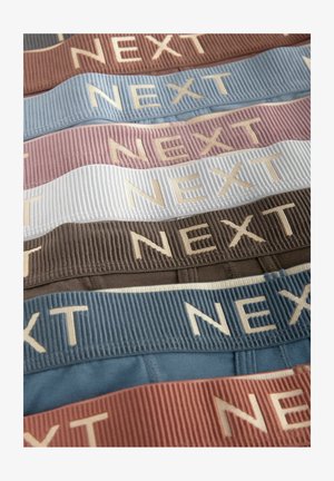 Pet pasovi iz tkanine v odtenkih rjave, modre, roza in bele barve, z žametno teksturo in z oznako "NEXT" vtisnjeno v kontrastni barvi.