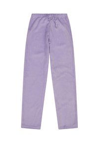 Pantalones de tela morada y suave con cintura elástica y piernas rectas, que presentan una textura lisa y sin patrones o acentos visibles.