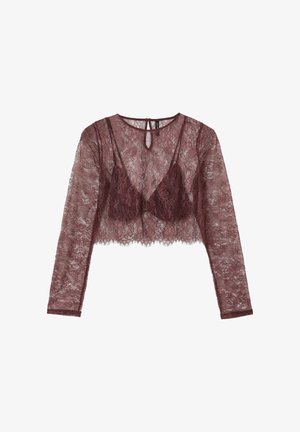 Top corto in pizzo color bordeaux, con maniche lunghe, motivo floreale, texture trasparente e chiusura con bottone sul retro.