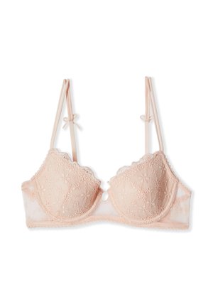 Helles rosa Spitzen-BH mit floraler Stickerei, Bügel-Cups, doppelt verstellbaren Trägern und einem kleinen Schlüsselloch-Detail in der Mitte vorne.