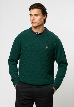 Mann in einem dunkelgrünen, rautenförmigen Pullover über einem schwarzen Hemd mit Kragen, die Hände in den Taschen, blickt zur Seite vor einem schlichten Hintergrund.