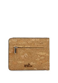 Cork wallet with a zippered pocket, featuring a textured surface and the "RFID Stop" logo embossed. Edges outlined in black.