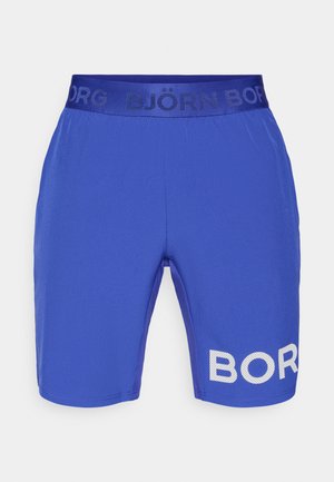 Blå sportshorts med en strækbar talje med "BJÖRN" branding og et stort "BOR" grafisk tryk i en kontrastfarvet mesh-tekstur.