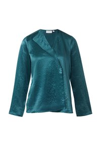 T-Shirt aus türkisfarbenem, gekräuseltem Satin mit V-Ausschnitt, langen Ärmeln und asymmetrischem Saum. Verfügt über ein Wickeldesign und einen dezenten Glanz.