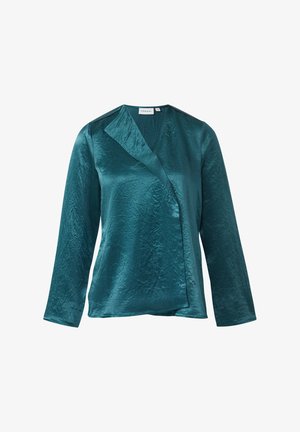Bluzka z marszczonego satyny w kolorze morskim, z dekoltem w kształcie litery V, długimi rękawami i asymetrycznym dołem. Posiada kopertowy fason i subtelny połysk.