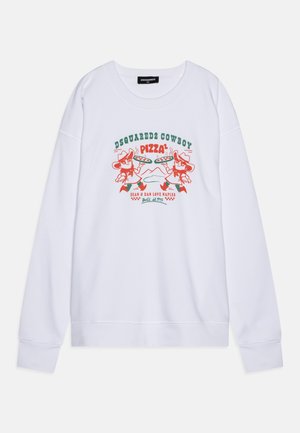 Sweat-shirt blanc orné d'un design graphique coloré représentant deux cowboys et une pizza, avec le texte "DSQUARED2 COWBOY PIZZA" en vert et rouge.