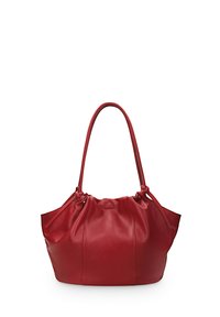 Red leather tote bag with a gathered design, smooth texture, two long handles, and no visible hardware accents.