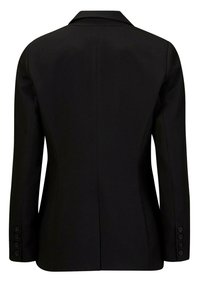 Zwart op maat gemaakte blazer met een gezwelde kraag, lange mouwen en vijfknopmanchetten. Glad textuur met een enkele split aan de achterkant.