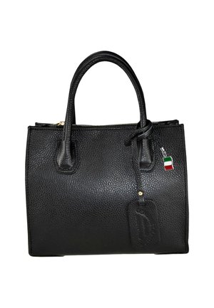 Black leather handbag with a textured finish, dual handles, gold hardware, and a small charm featuring an Italian flag.