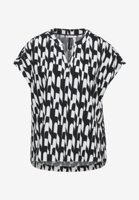 Blusa a maniche corte bianca e nera con scollatura a V e vestibilità rilassata, caratterizzata da un design grafico a pennellate su tessuto leggero.