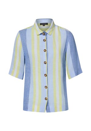 Kurzärmliges Hemd mit vertikalen blauen, gelben und weißen Streifen und braunen Knöpfen vorne.