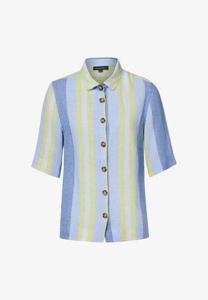 Kurzärmliges Hemd mit vertikalen blauen, gelben und weißen Streifen und braunen Knöpfen vorne.
