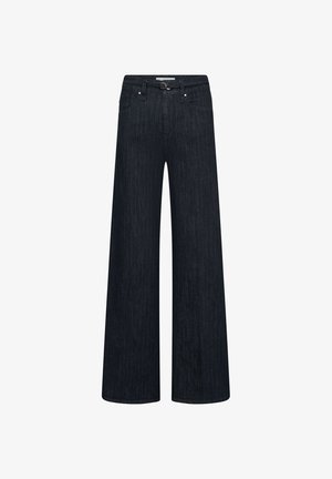 Dark blue wide-leg denim jeans with belt loops, front pockets, and a metal buckle on the waistband.