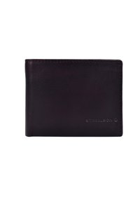 Dunkelbraune Lederbörse mit glatter Oberfläche, im Taschenformat mit zwei Faltungen, und geprägtem Logo auf der Vorderseite. Verfügt über saubere Kanten und minimale Nähte.