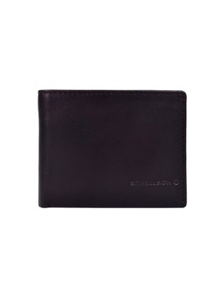 Dunkelbraune Lederbörse mit glatter Oberfläche, im Taschenformat mit zwei Faltungen, und geprägtem Logo auf der Vorderseite. Verfügt über saubere Kanten und minimale Nähte.