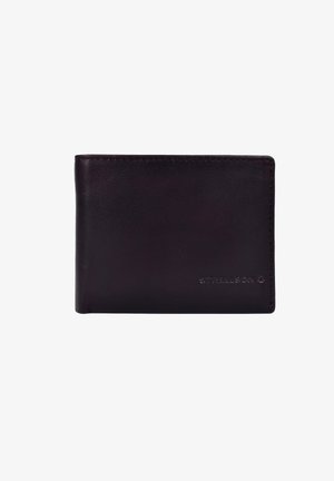 Dark brown leather wallet with a smooth finish, bi-fold design, and embossed logo on the front. Features clean edges and minimal stitching.