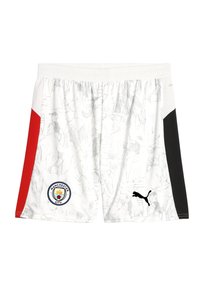 Hvide sportsshorts med et gråt abstrakt mønster, røde sideløsninger, sorte paneler, elastisk talje, Manchester City-logo og Puma-branding.
