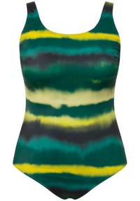 Eén stuk badpak met een tie-dye patroon in groene, gele en zwarte strepen. Gemaakt van glad, elastisch materiaal met een ronde hals.