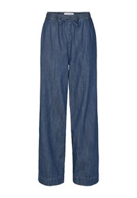 Pantaloni din denim cu croială largă, talie elastică și șnur reglabil. Culoare albastru închis cu textură netedă și design cu pantaloni largi.