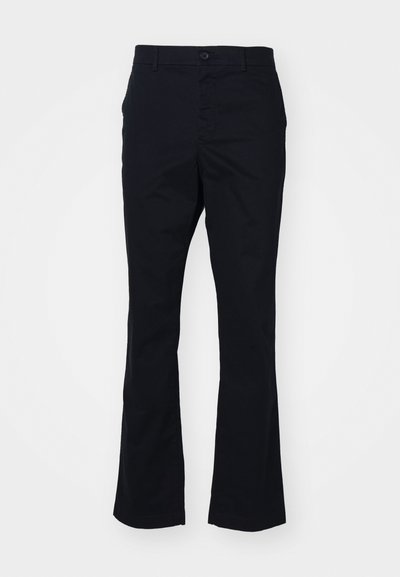 Black flared trousers made of smooth fabric, featuring a single button closure, front pockets, and a clean finish with no visible patterns.