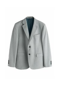Light gray suit jacket made of textured fabric, featuring a notched lapel, two buttons, and three front pockets with a blue interior lining.
