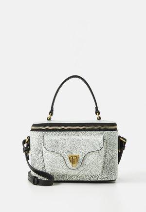 Cracked white leather crossbody bag with a black trim, top zip closure, a front pocket, and gold hardware accents.