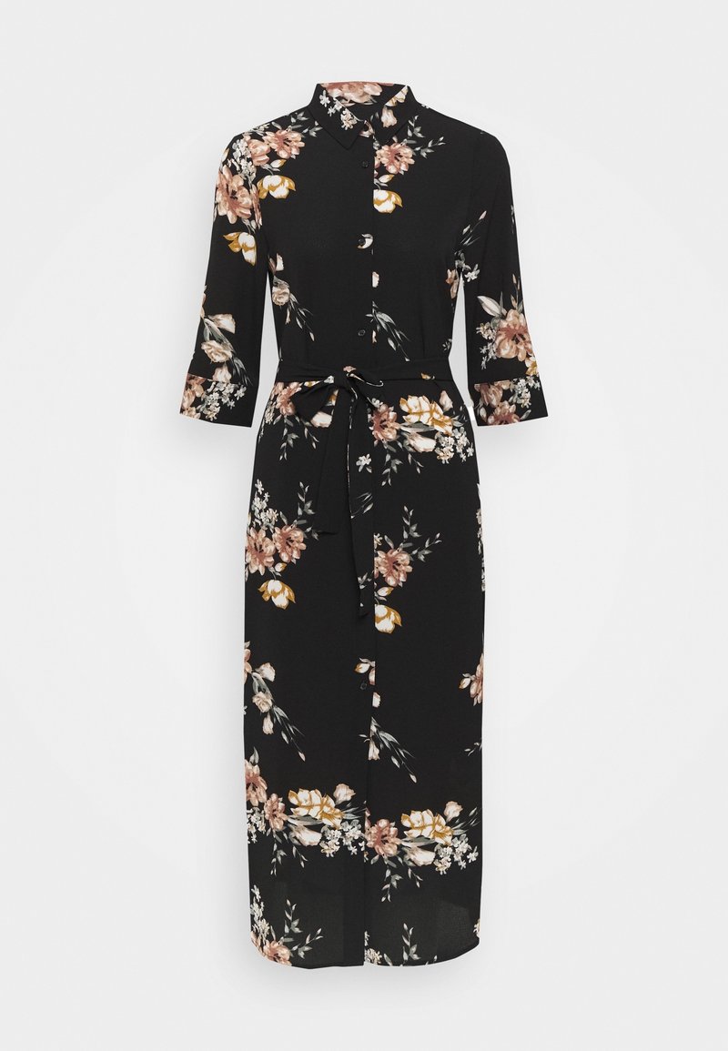 Robe chemise midi noire avec imprimé floral rose et jaune, manches trois-quarts, devant à boutons, col et ceinture à nouer à la taille.