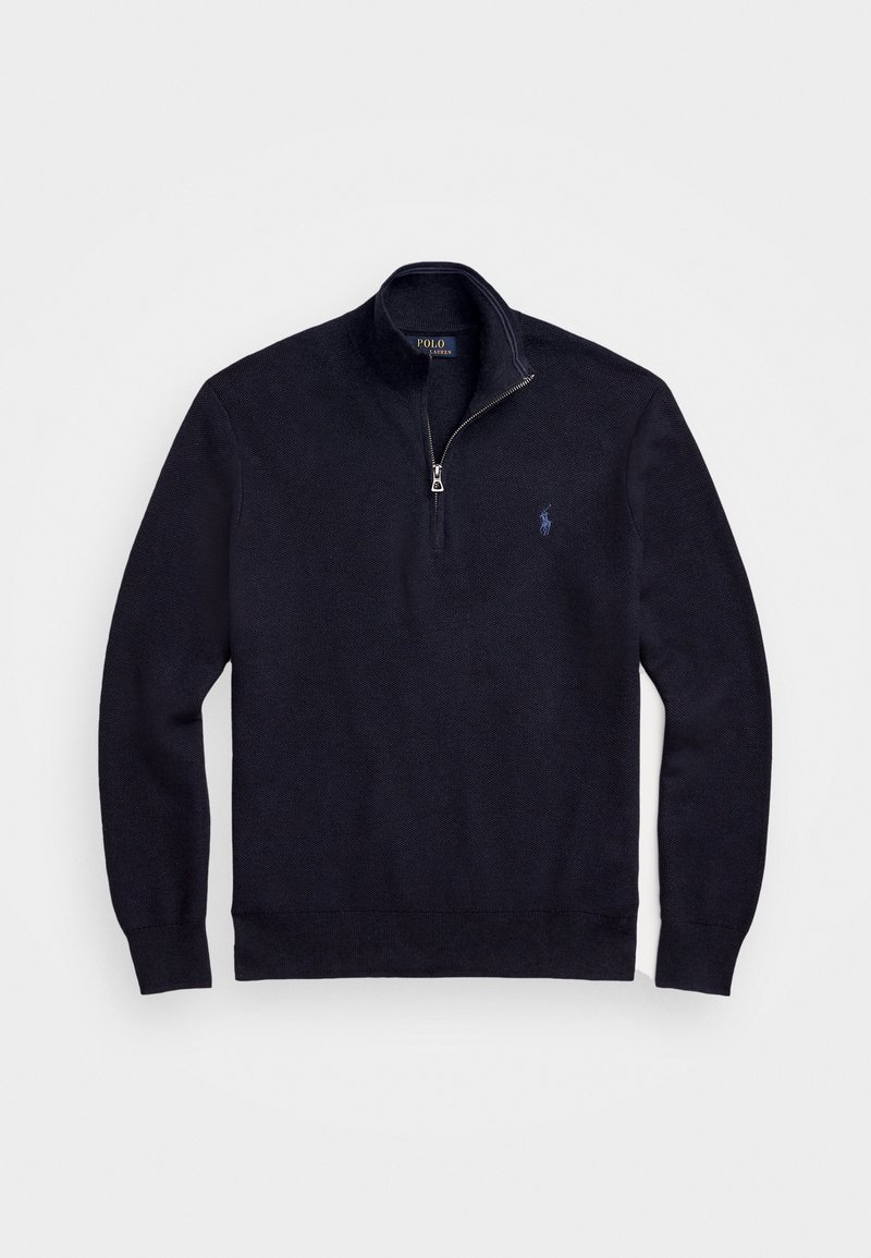 Pull-over en laine à manches longues navy avec un col zippé quart, des poignets et un ourlet côtelés, arborant un petit logo sur la poitrine gauche. Texture tricotée.