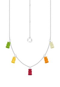 Silberne Kettenhalskette mit bunten Gummibär-Anhängern in Grün, Gelb, Rot, Orange und Weiß. Jeder Anhänger ist strukturiert und in Bärenform gestaltet.