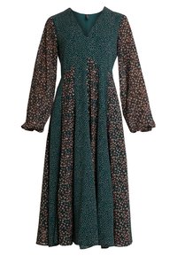 Blumen- und gepunktetes Kleid in Dunkelgrün, mit V-Ausschnitt, langen Ärmeln, ausgestellt Rock und einem strukturierten Stoffdesign.