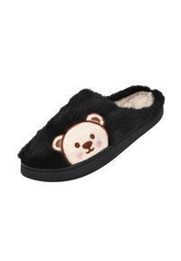 Zapatillas de casa negras y peludas con diseño de cara de oso, que cuentan con una textura suave, un interior acolchado y una suela de goma negra para mayor comodidad.