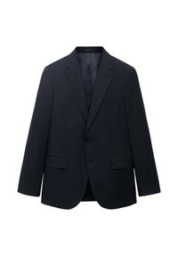 Blazer bleumarin cu rever înclinat, închidere cu un nasture, două buzunare frontale și un singur buzunar pe piept. Textură de țesătură netedă.