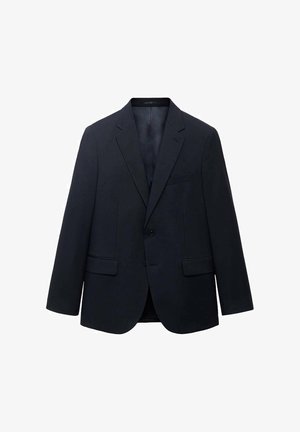 Dunkelblauer Blazer mit Reverskragen, einem Knopfverschluss, zwei Fronttaschen und einer Brusttasche. Glatte Materialtextur.