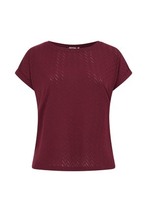 Bordó rövid ujjú felső texturált halszálka mintával, kerek nyakkivágással és laza fazonnal. Könnyű anyagból készült.