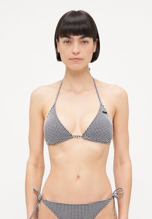 Black and white gingham bikini with a triangular top and adjustable ties at the sides of the bottom. Smooth fabric, minimal hardware detail.
