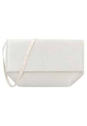 Minimalistisk off-white rektangulær clutch taske med fold-over klap og tynd skulderrem på hvid baggrund.