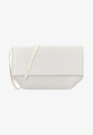 Minimalistisk off-white rektangulær clutch taske med fold-over klap og tynd skulderrem på hvid baggrund.