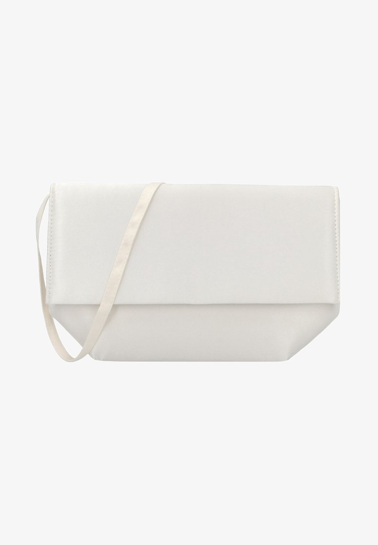 Pochette rectangulaire minimaliste blanc cassé avec rabat pliant et fine bandoulière sur fond blanc.