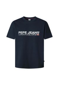 Marineblauwe T-shirt met korte mouwen van katoen, met een witte logo-tekst: "PEPE JEANS LONDON PJL73Club" met een accent van de Britse vlag.