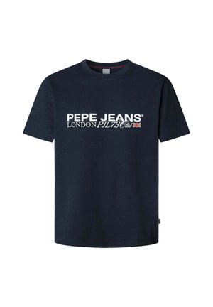 Mörkblå kortärmad T-shirt i bomull, med en vit logotext: "PEPE JEANS LONDON PJL73Club" och en brittisk flagga som accent.